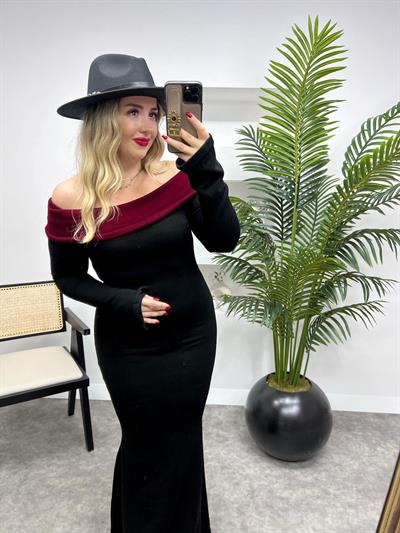 Bordo Kayık Yaka Siyah Triko Elbise