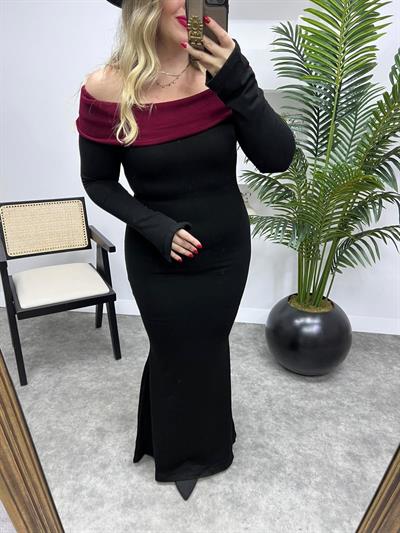 Bordo Kayık Yaka Siyah Triko Elbise