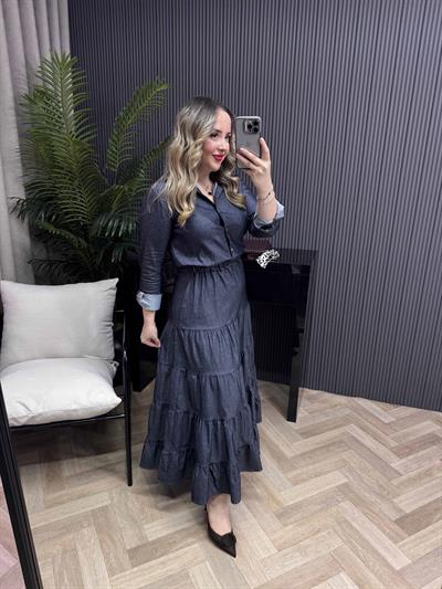 Carla Beli Lastikli Tasarım Denim Elbise