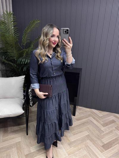 Carla Beli Lastikli Tasarım Denim Elbise