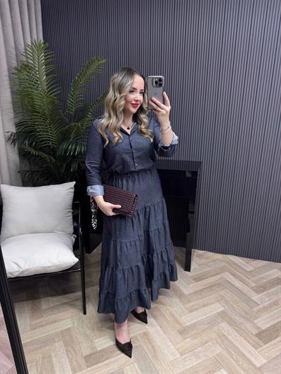Carla Beli Lastikli Tasarım Denim Elbise