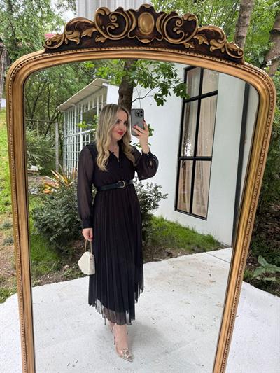 Carmen Piliseli Kemerli Şifon Elbise Lacivert Puantiye