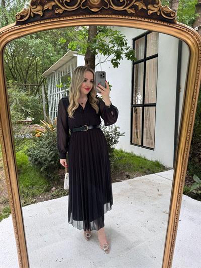 Carmen Piliseli Kemerli Şifon Elbise Lacivert Puantiye