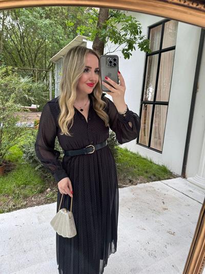 Carmen Piliseli Kemerli Şifon Elbise Lacivert Puantiye