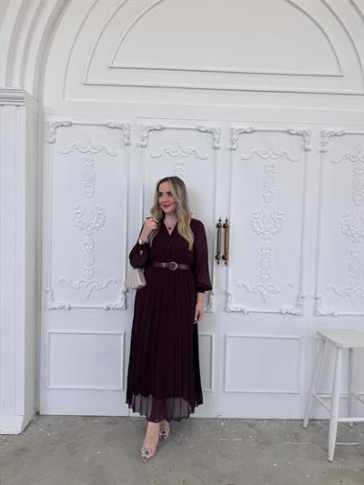 Carmen Piliseli Kemerli Şifon Elbise Mürdüm