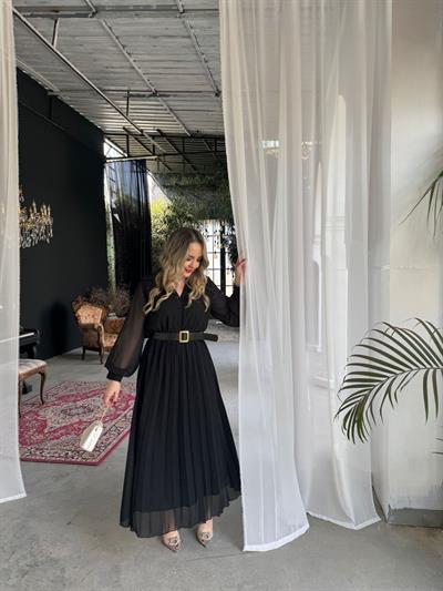 Carmen Piliseli Kemerli Şifon Elbise Siyah