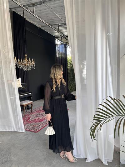 Carmen Piliseli Kemerli Şifon Elbise Siyah