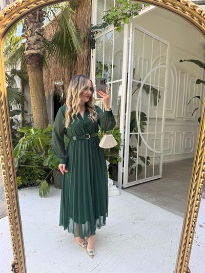 Carmen Piliseli Kemerli Şifon Elbise Zümrüt