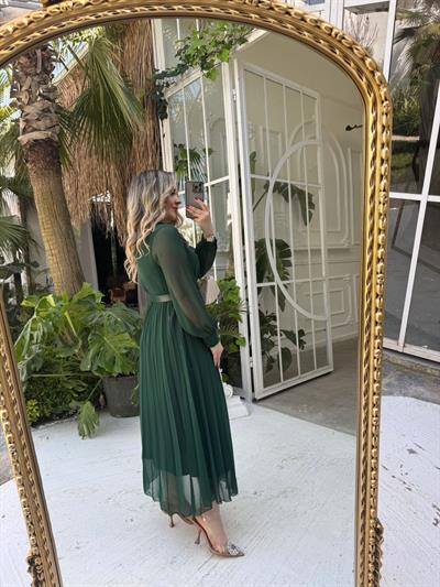 Carmen Piliseli Kemerli Şifon Elbise Zümrüt