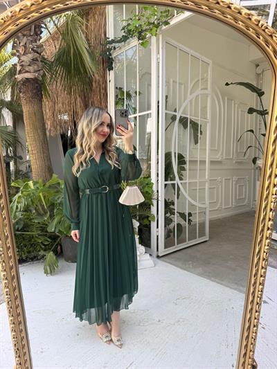 Carmen Piliseli Kemerli Şifon Elbise Zümrüt