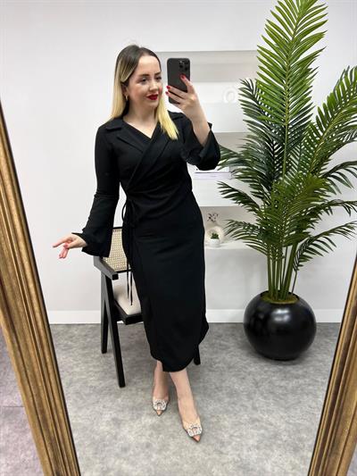 Ceket Yaka Anvelop Model Siyah Elbise