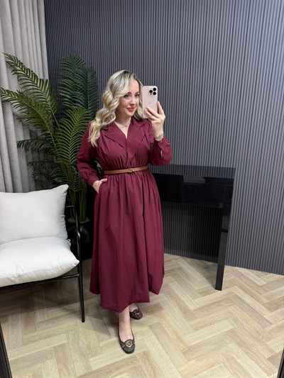 Ceket Yaka Balon Eteklı Beli Lastikli Elbise Bordo