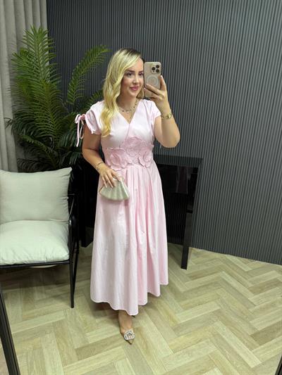 Çiçek Aplikeli Tasarım Poplin Elbise Pembe