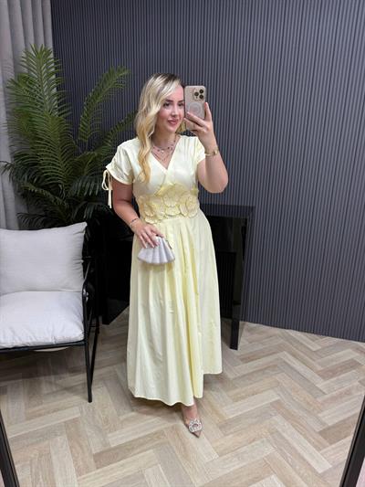 Çiçek Aplikeli Tasarım Poplin Elbise Sarı