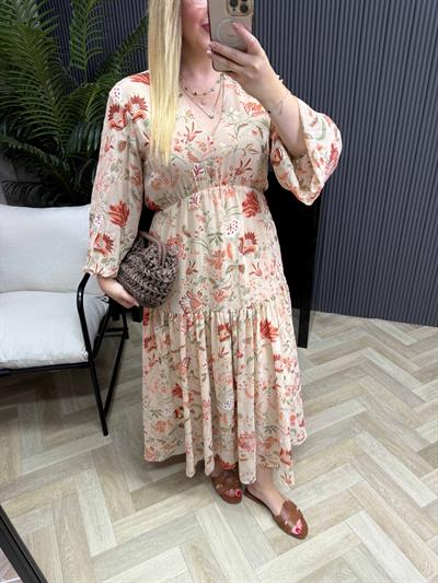 Çiçekli Şifon Kumaş Beli Lastikli Şifon Elbise Yavruağızı