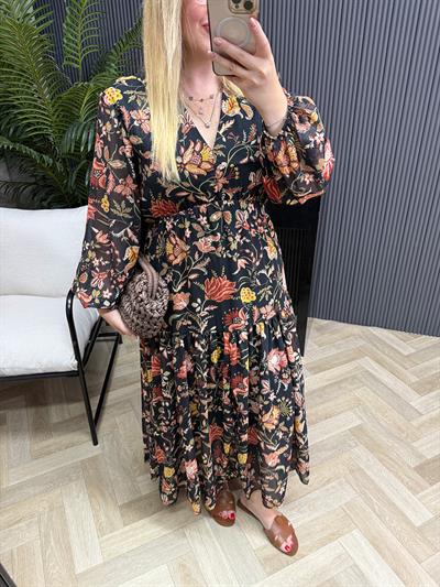 Çiçekli Şifon Kumaş Beli Lastikli Şifon Elbise Siyah Desenli