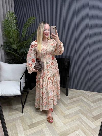 Çiçekli Şifon Kumaş Beli Lastikli Şifon Elbise Yavruağızı