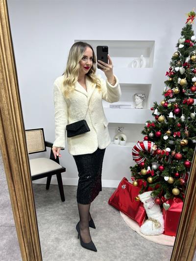 Çift Cepli Kürklü Ceket Beyaz