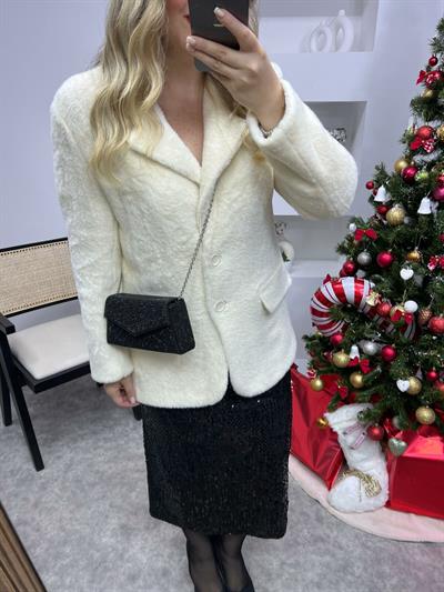 Çift Cepli Kürklü Ceket Beyaz