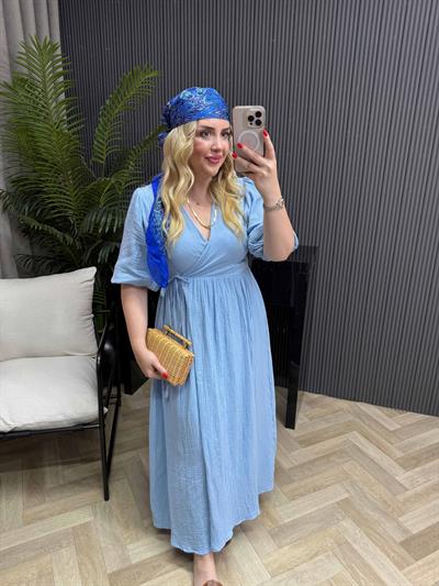 Çilem Balon Kol Müslin Keten Kruvaze Elbise Bebek Mavi