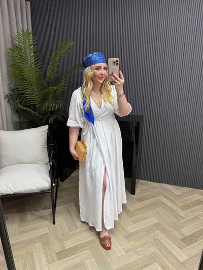 Çilem Balon Kol Müslin Keten Kruvaze Elbise Beyaz