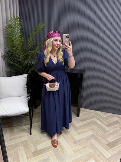 Çilem Balon Kol Müslin Keten Kruvaze Elbise Lacivert