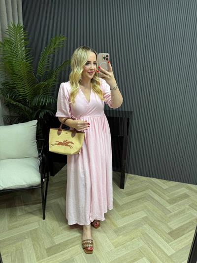 Çilem Balon Kol Müslin Keten Kruvaze Elbise Pembe