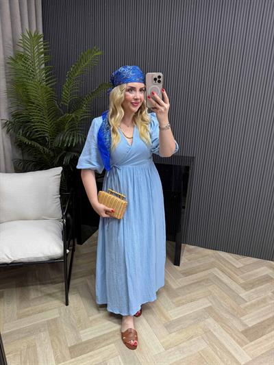 Çilem Balon Kol Müslin Keten Kruvaze Elbise Bebek Mavi