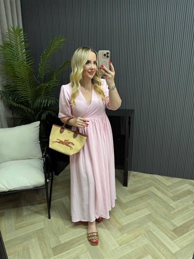 Çilem Balon Kol Müslin Keten Kruvaze Elbise Pembe