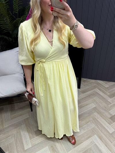 Çilem Balon Kol Müslin Keten Kruvaze Elbise Sarı