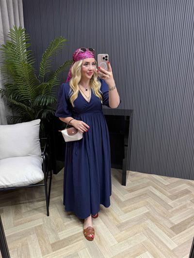 Çilem Balon Kol Müslin Keten Kruvaze Elbise Lacivert