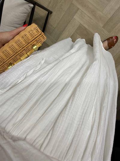 Çilem Balon Kol Müslin Keten Kruvaze Elbise Beyaz