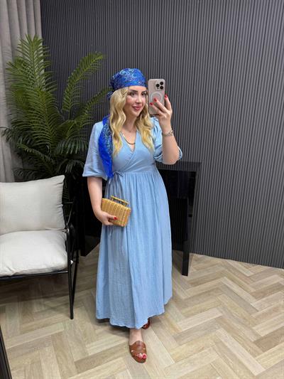 Çilem Balon Kol Müslin Keten Kruvaze Elbise Bebek Mavi