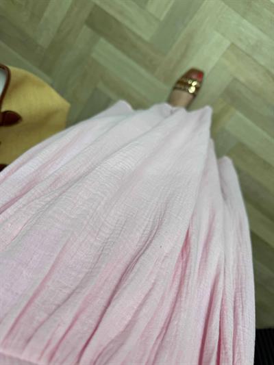 Çilem Balon Kol Müslin Keten Kruvaze Elbise Pembe