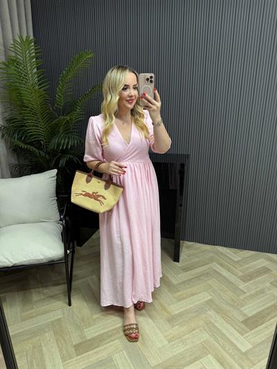 Çilem Balon Kol Müslin Keten Kruvaze Elbise Pembe