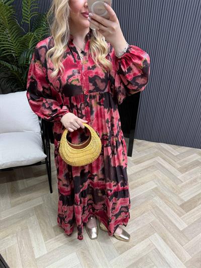 Çisem Model Desenli Elbise Pembe Siyah Desenli