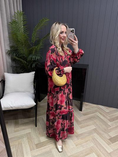 Çisem Model Desenli Elbise Pembe Siyah Desenli