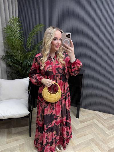 Çisem Model Desenli Elbise Pembe Siyah Desenli