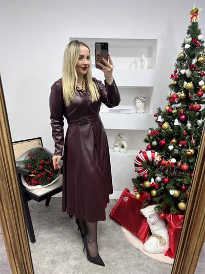 Çitçit Düğmeli Prenses Model Deri Elbise Bordo