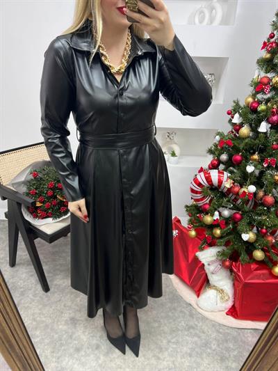 Çitçit Düğmeli Prenses Model Deri Elbise Siyah