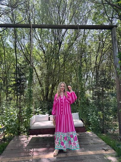 Çizgili Balon Kol Peri Elbise Pembe