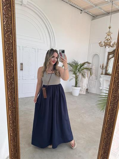 Çizgili Lacivert Balon Etekli Elbise