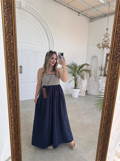 Çizgili Lacivert Balon Etekli Elbise
