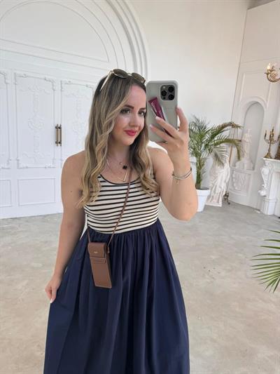 Çizgili Lacivert Balon Etekli Elbise
