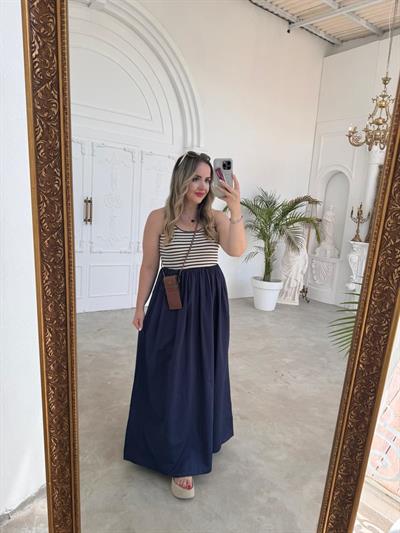 Çizgili Lacivert Balon Etekli Elbise
