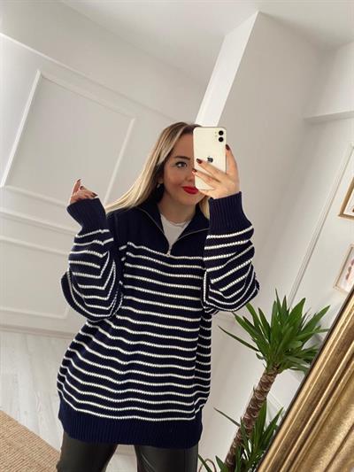 Çizgili Lacivert Triko Kazak