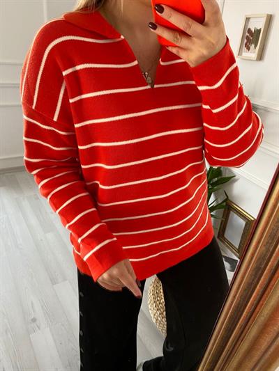 Çizgili Turuncu Polo Yaka  Çelik Triko