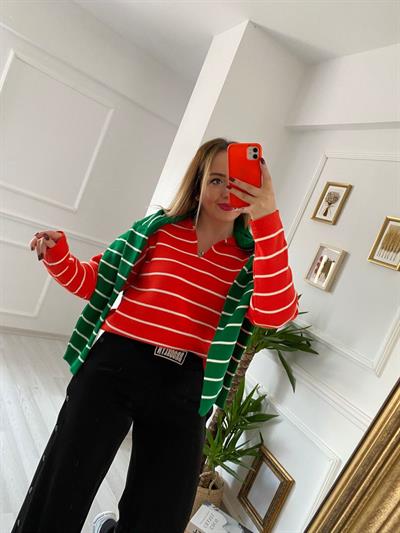 Çizgili Turuncu Polo Yaka  Çelik Triko