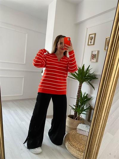 Çizgili Turuncu Polo Yaka  Çelik Triko