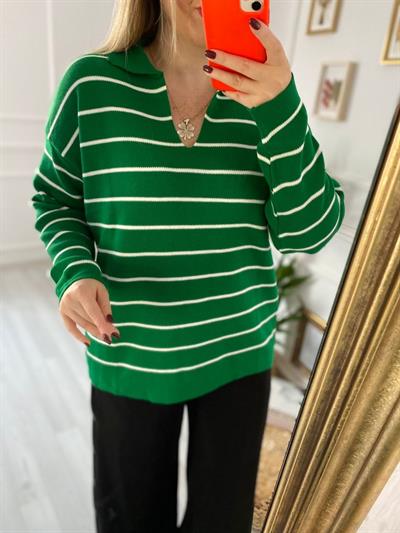 Çizgili Yeşil Polo Yaka  Çelik Triko